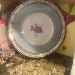 Porcelain Dish With A Hand Painted Rose Sterling Silver Border