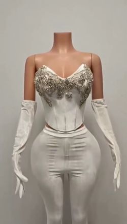 Lavish Silver Satin Outfit W/Gloves & Rhinestones