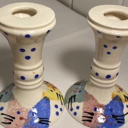 CAT Candlestick holder SET Signed Sari Spongeware Kitty face Ceramic Art 90s LOT