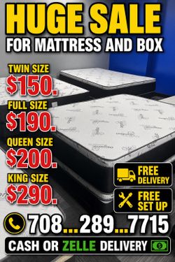 Huge sale for Mattress And Box brand  new Twin size #mattress and box 150.$ full 190$ Queen 200$ king 290$. free delivery free set up 708….289…7715… c