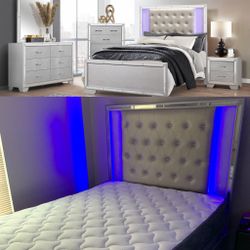 3 Day Sale ,  LED 68 Inch Tall Crystal Tufted Bed Frame With Dresser Mirror And Night Stand All New