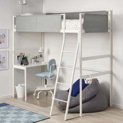 3/8/23 Item Is Still Available. IKEA White Frame Twin Loft Bed, includes Desk and Mattress 
