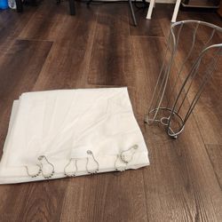 Shower Curtain with 12  Roller Hooks and Chrome Freestanding Single post 3 Toilet Paper Roll Holder, good condition 