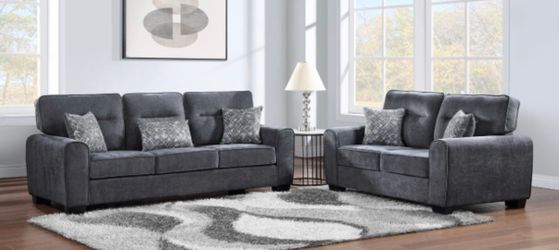 CHARCOAL 2 PC SOFA AND LOVESEAT WITH PILLOWS