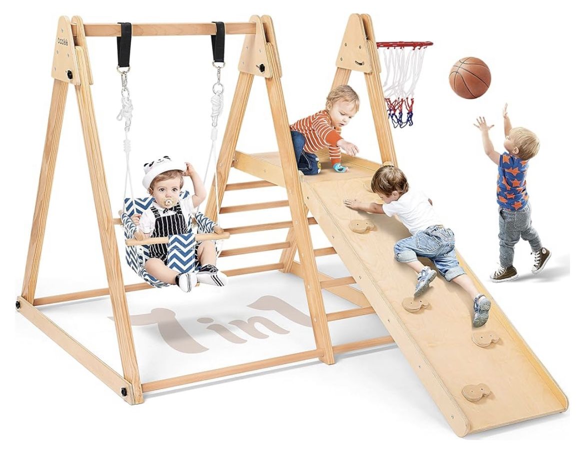 7 in 1 Indoor Jungle Gym for Kids, Foldable Toddler Indoor Playground with Slide,