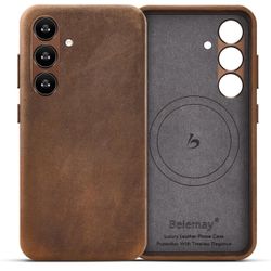 Belemay Timeless Leather Case for Samsung Galaxy S24 with Magsafe - Top Grain Vintage Crazy Horse Leather - Metal Buttons & Lens Protector - Slim Fit 