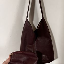 Faux Burgundy Leather Purse With Cosmetics Bag
