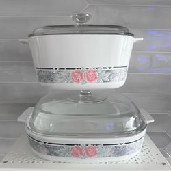 Set of 2 vintage Corning Ware "Silk and Roses" Casserole Dishes w/lids