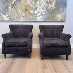 Gorgeous Pair Of Mid Century Modern Blue Gray Tufted Corduroy Velvet Accent Chairs