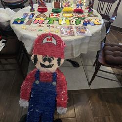 Piñata Set for Mario Bros Decorations sign balloon holders cake and cupcakes toppers games, Happy Birthday sign, boy kids party Easter.

Pickup East 
