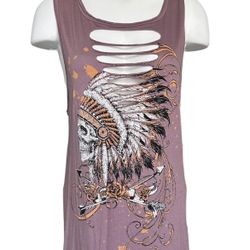 Vocal Women’s Purple Sleeveless Native American Chief Skull Tank Top Size Small