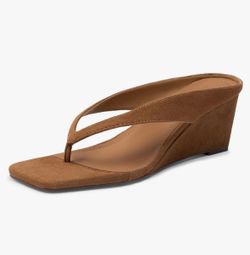 Athlefit Women's Low Wedge Sandals Trendy Dressy Square Open Toe Summer Beach Flip Flops Thong Heeled Sandals size 6