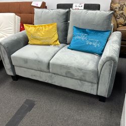 Rolled Arms Loveseat In Grey Velvet Fabric.