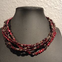 Vtg Vintage Red Garnet And Red Pearl 925 Sterling Silver 5 Strand Necklace Valentine's Day 