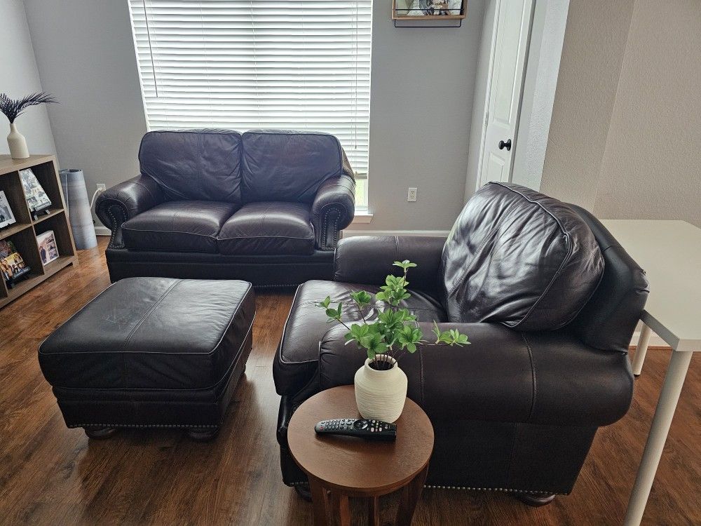 3-Piece Leather Sofa Set – Loveseat, Armchair & Ottoman