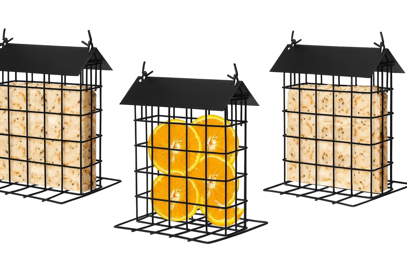Nuogo 3 Pcs Wild Bird Feeder Squirrel Proof Outdoor Hanging Suet Holder with Metal Roof and Platform Outside Cake Suet Feeder Rainproof Cage 
