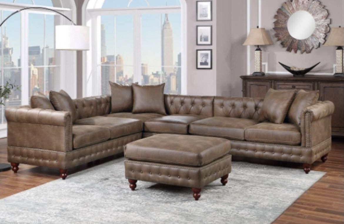 Brown Leatherette Sectional Sofa With Ottoman (Free Delivery)