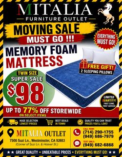 MATTRESS - MEMORY FOAM TWIN SIZE - FREE 2 PILLOW - BRAND NEW !!!