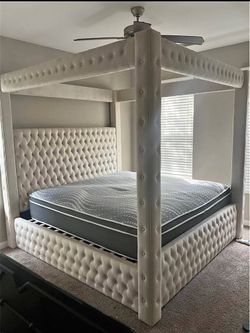 😍 Luxury Upholstered Cream/Beige Tufted King | Queen Size Canopy Platform Bed Frame W/ Bluetooth Speakers | USB & Type-C Charging Ports • Opt Mattres
