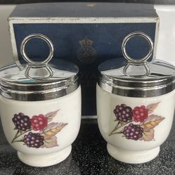 Set of 2 Evesham Gold by Royal Worcester Egg Coddlers & Lids w/Box & Recipe Peach and Berry