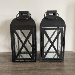 2 Black Metal Glass Candle Holder Lanterns