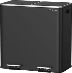 Trash Can, 2 x 10.6 Gallon (2 x 40 L) Garbage Can for Kitchen, with 15 Trash Bags, 2 Compartments, Plastic Inner Buckets and Hinged Lids, Airtight, Bl