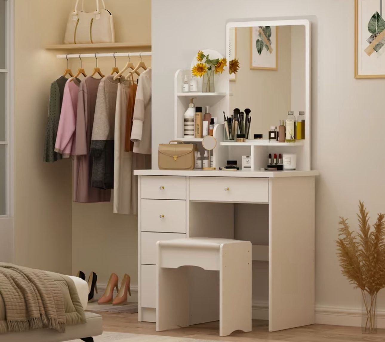 Elegant Vanity Desk + Large Mirror+ 5 Drawers + Storage Shelves