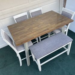 6-PC AESTHETIC RUSTIC STYLE DINING TABLE WITH 4 PADDED CHAIRS & 1  BENCH THAT MATCH WITH THE CHAIRS)