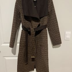 Michael Kors Wool Blend Logo Jacquard Wrap Coat-Chocolate Logo