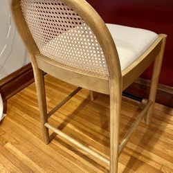2x Counter Stools: Wood + Rattan + Upholstered Seat