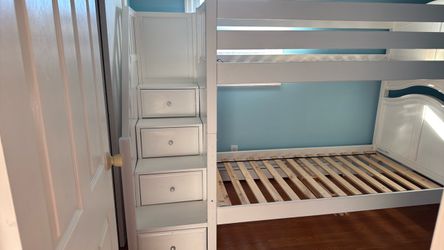 White Wood Bunk Bed with Storage Stairs