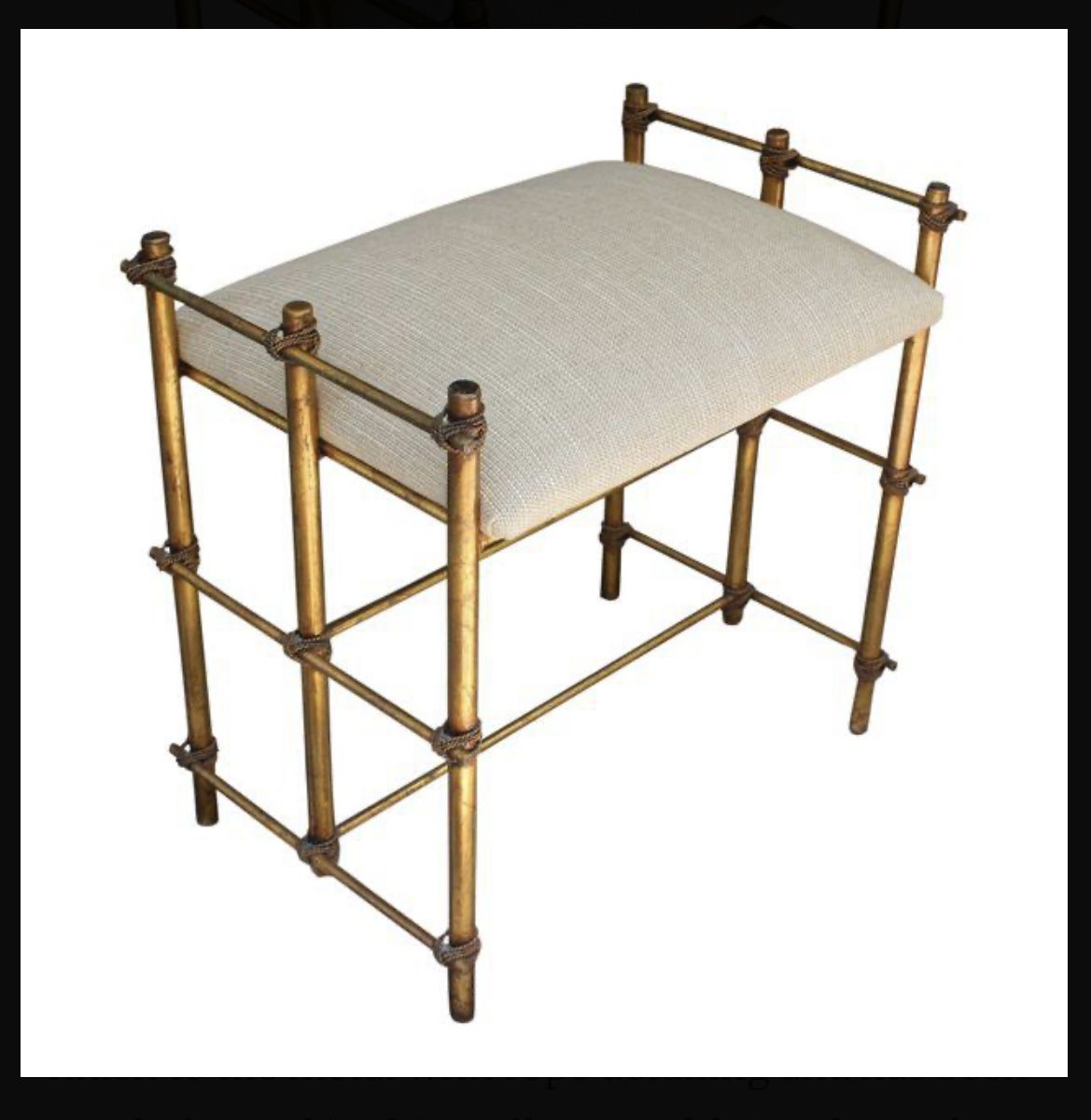 Mid Century Hollywood Regency Gilt Vanity Stool Metal Bench Rope Design