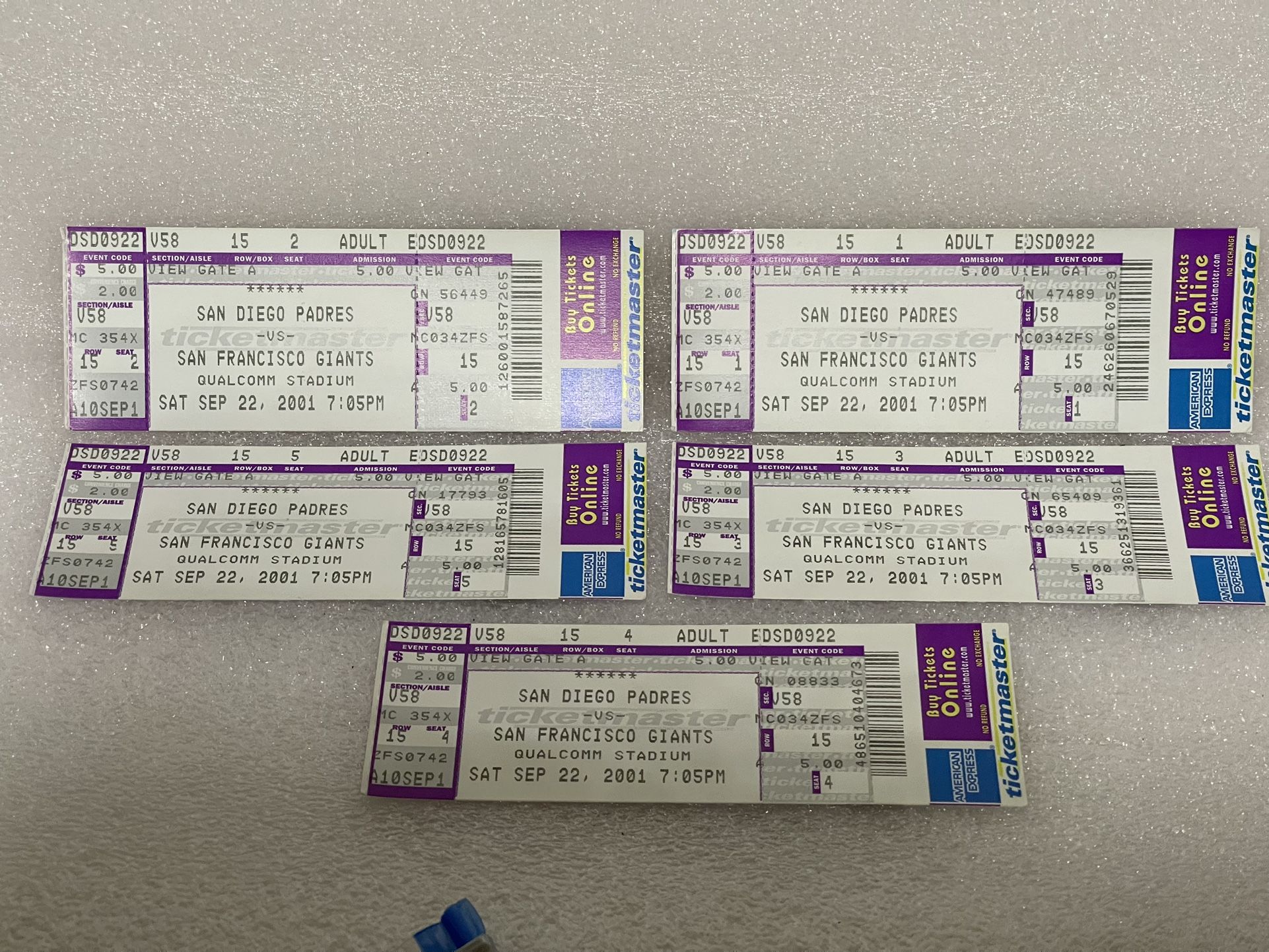San Diego Padres vs. San Francisco Giants Unused Baseball Game Tickets 2001