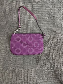 Coach Signature Purple Sateen & Leather Trim Gray Interior W/Pocket Wristlet EUC