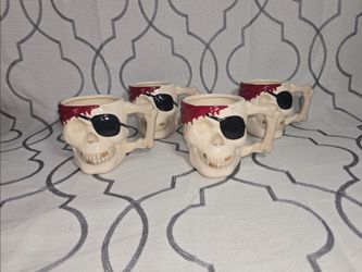Pirate Skull Eyepatch Coffee Ceramic Mug Cups NWT  8 fl oz  Halloween Set of 4