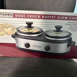 This is a Kitchen Selectives Dual Crock Buffet Slow Cooker, model BS-512, featuring two 1.25-quart stoneware pots with independent heat controls for c