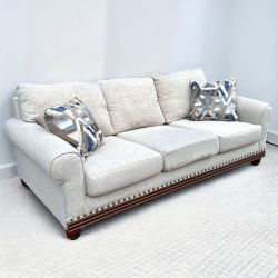 White Geneva 90" Classic Sofa with Decorative Studded Wood Trim