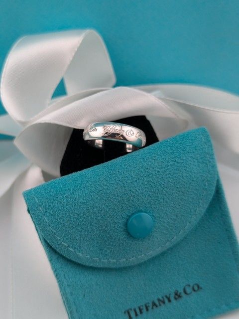 Classic Tiffany Co Silver Notes Script Signet Wide Band Ring