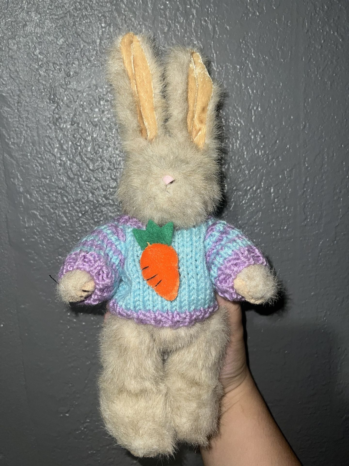 chrisha playful plush bunny rabbit carrot sweater vintage 1988 stuffed animal toy