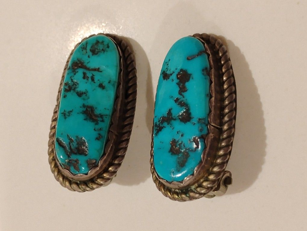 Native American Turquoise Sterling Silver Earrings Clips Vintage