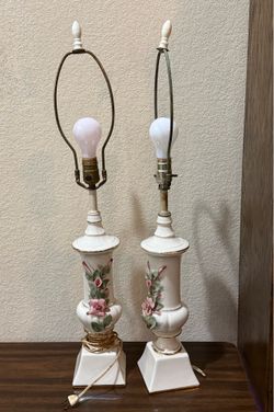 Antique Set of 2 Porcelain Lamps with Detailed Roses & Leaves - 30 1/2” Tall