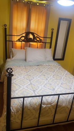 Full metal bed with mirror nightstand