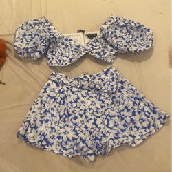 2 Piece Blue And White Shorts And Cropped Top