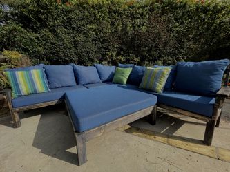 beautiful blue authentic wood 3 piece ottoman with cushions included
