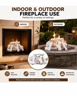 Barton 6PCS Ceramic Gas Fireplace Logs, Realistic Birch Wood Style Heat-Resistant Fake Firewood, Stackable Decorative Log Set for Indoor Outdoor Firep