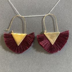 Gold Triangle Earrings with Red Fringe