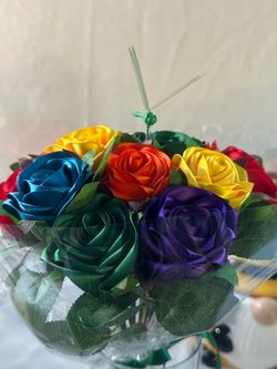 One Dozen Handmade Ribbon Rose Bouquet – Rainbow Mix