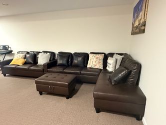 Brown Faux Leather Sectional Sofa with Storage Ottoman