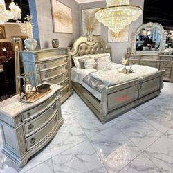 New Castlefield Silver Queen Size King Size Bedroom Set With Dresser Mirror Nightstand Chest Bed Frame Without Mattress And Free Delivery