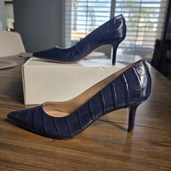 Lauren Ralph Lanette Crocodile Embossed Leather Pumps Refined Navy Women's 8.5